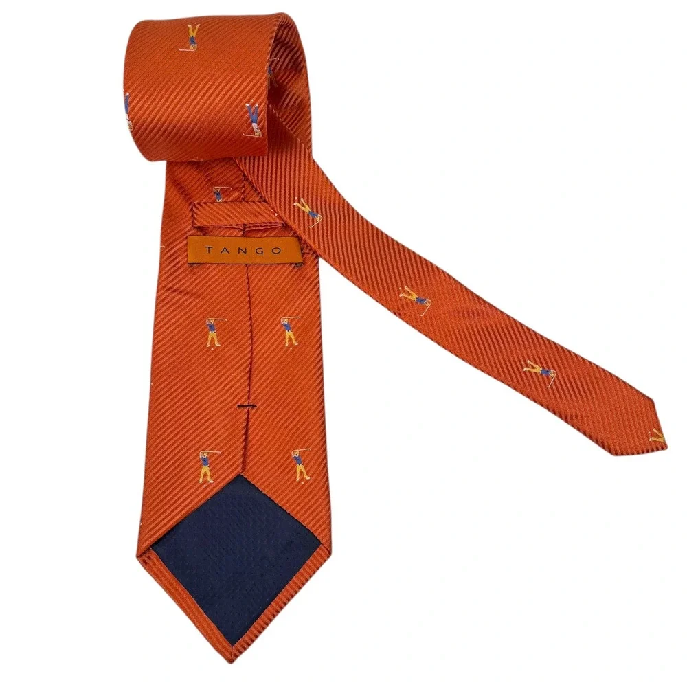 Tango Golf Player Pattern Orange Hand Made Silk Necktie Novelty B14Q‎